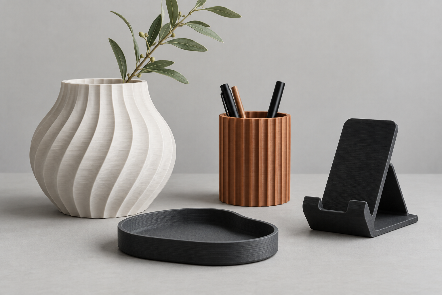 Composição de objetos com texturas de impressão 3D em branco, bronze e preto